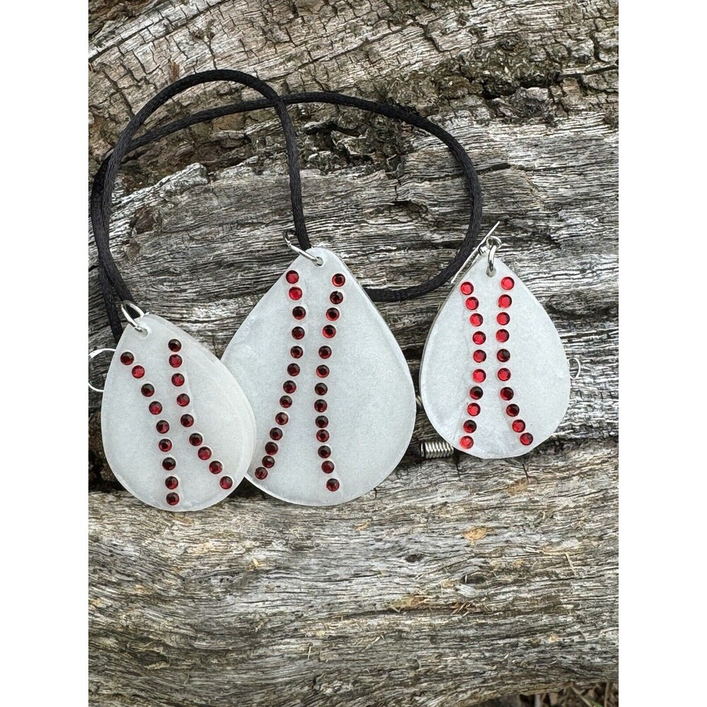 Cute Baseball Epoxy And Rhinestone Necklace  With Matching Earrings Jewelry Set
